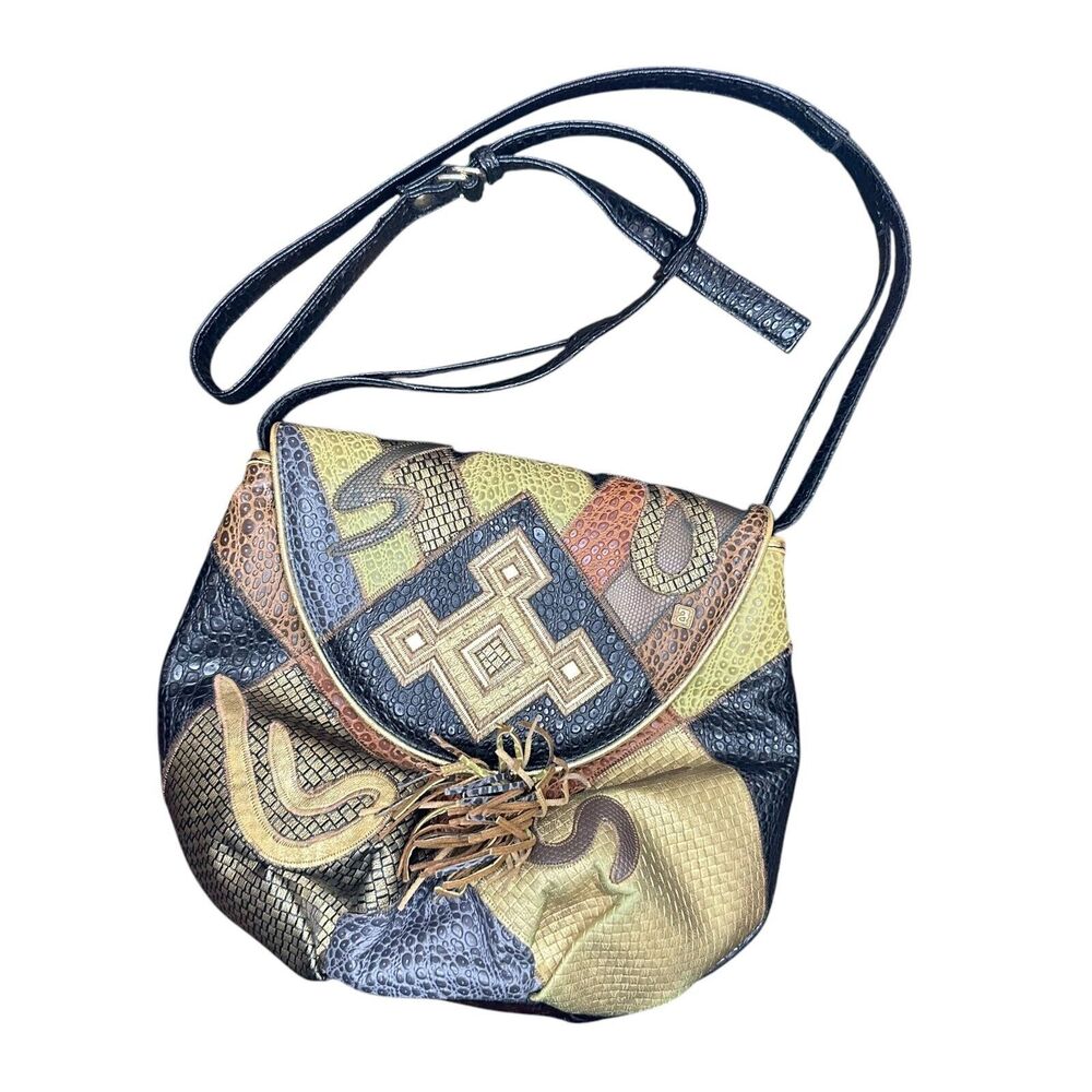 80s 90s NAS Patchwork Purse Metallic Animal Skin Crossbody Bag Vintage